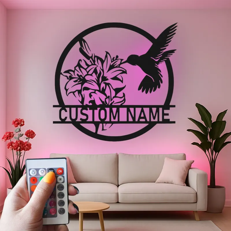 Hummingbird & Lily LED Metal Wall Art | Personalized Name Sign for Home | Custom Floral Bird Decor for Garden Lovers