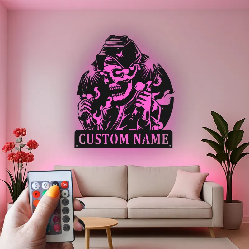 Personalisierte LED-Schädel Metall-Wandkunst – Einzigartiges Geschenk für Schweißer