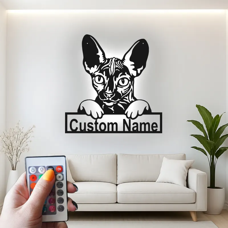 Insegna Personalizzata per Gatto Sphynx | Arte in Metallo LED da Parete Personalizzata | Regalo per Amanti dei Gatti Senza Pelo | Decorazione Moderna per Casa e Clinica Veterinaria