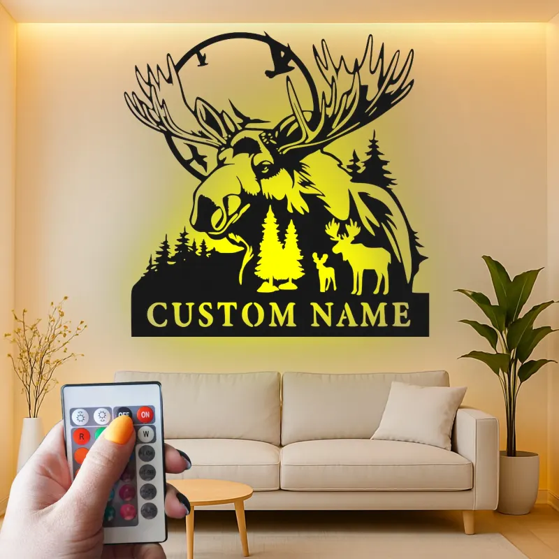 Personalisierte Metall-Wandkunst mit Elch und Wald LED-Beleuchtung – Einzigartiges Geschenk für Naturliebhaber und Hütten-Dekoration