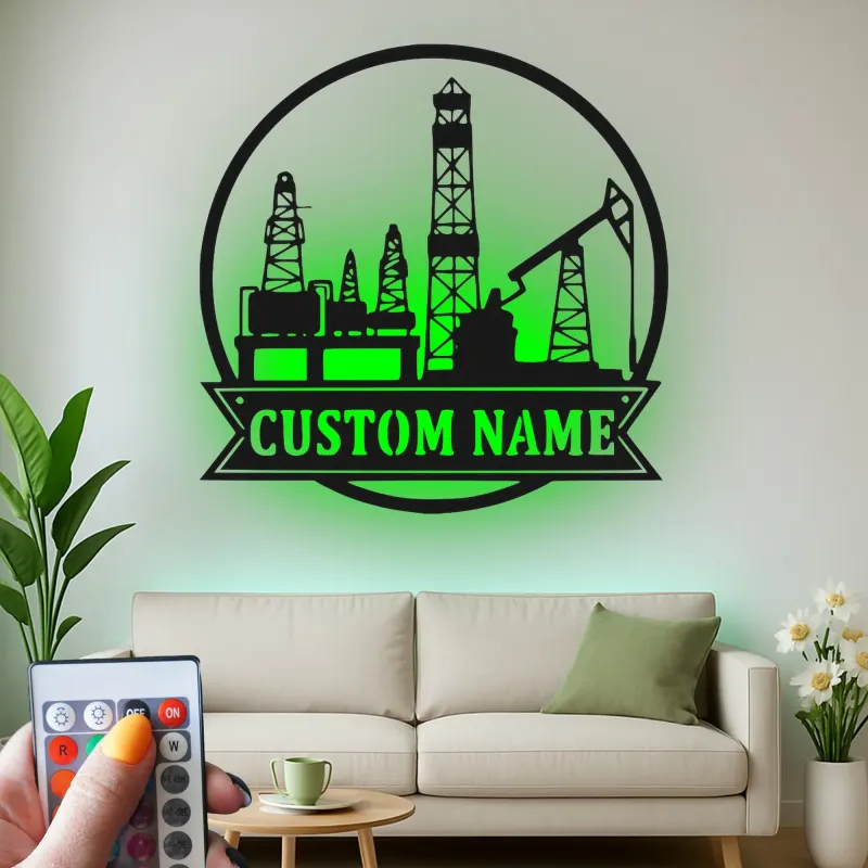Cartel LED personalizado de torre petrolífera | Arte mural de metal personalizado | Decoración industrial para trabajador del petróleo y regalo para roughneck