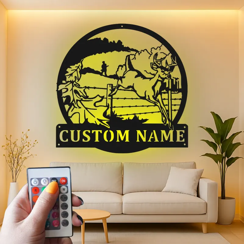 Décoration murale en métal personnalisée pour chasseur de cerfs avec rétroéclairage LED - Cadeau personnalisé pour chasseurs - Décor de cabane rustique 2