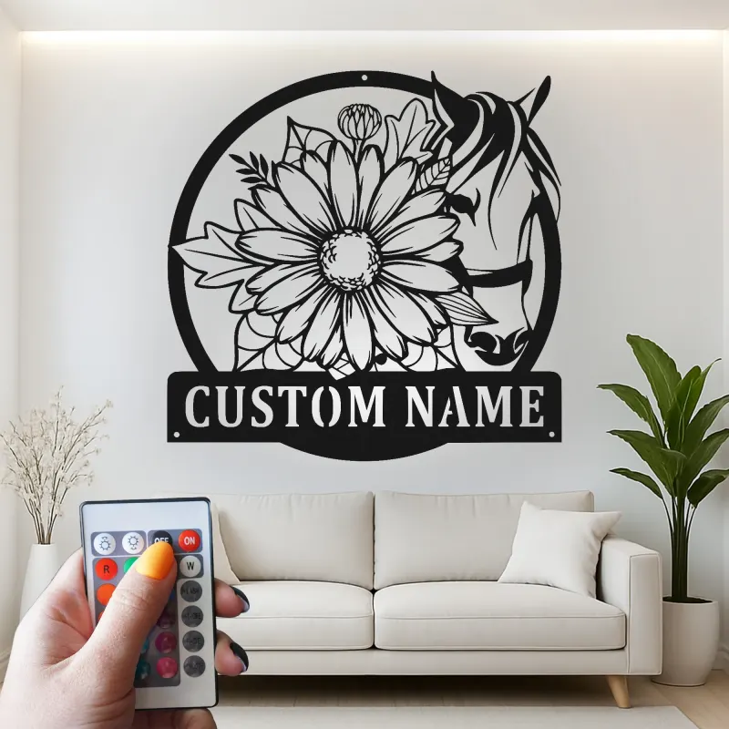 Insegna LED Personalizzata Cavallo e Fiori | Arte in Metallo Personalizzata | Regalo Equestre e Decorazione per Ranch