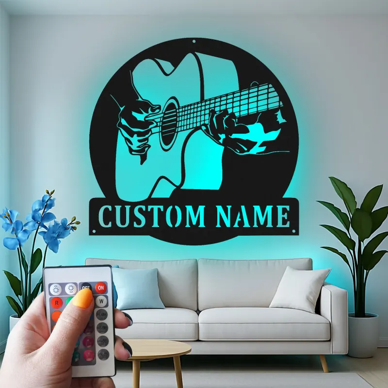 Personalized Guitar Player Metal Wall Art | LED Musician Name Sign for Music Room & Studio | Custom Guitarist Gift