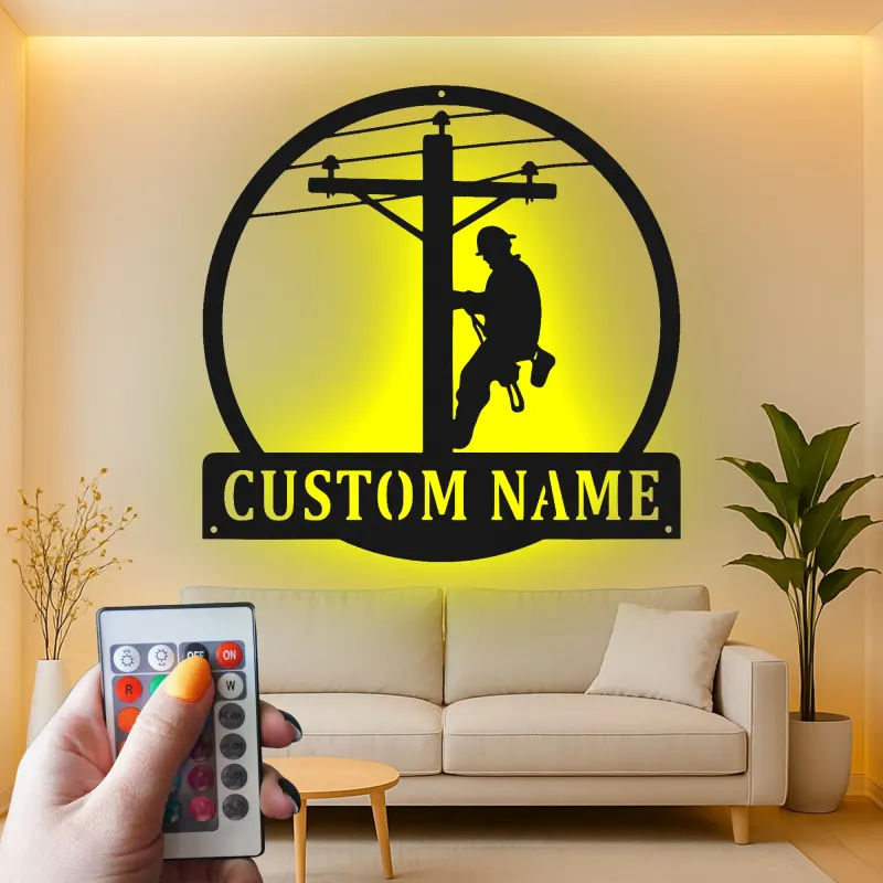 Arte da Parete in Metallo LED per Lineman | Insegna Personalizzata per Lavoratore di Pubblica Utilità | Regalo Personalizzato per Elettricista per Garage | Decorazione per Man Cave