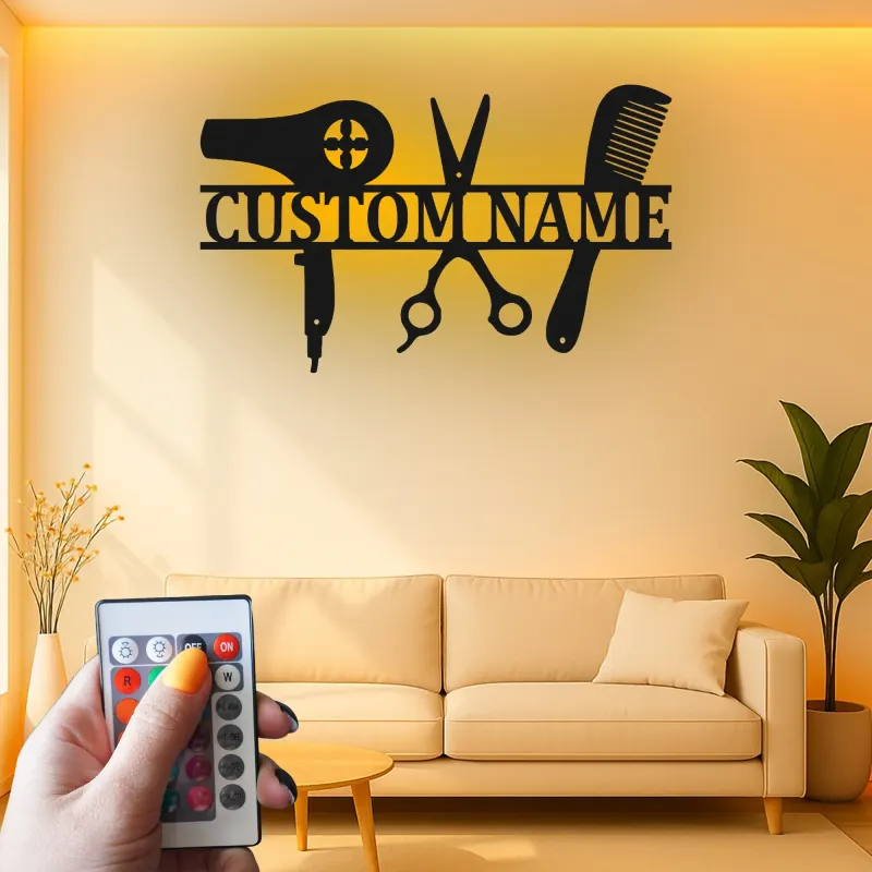 Enseigne LED pour coiffeur | Décor de salon en métal personnalisé avec nom | Cadeau personnalisé pour coiffeur et décoration murale pour studio beauté
