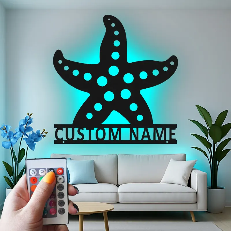 Enseigne étoile de mer personnalisée | Art mural en métal LED pour décor côtier | Plaque de nom de maison de plage personnalisée | Cadeau à thème nautique