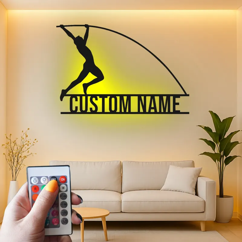 Letrero LED personalizado de salto con pértiga | Arte mural de metal de atletismo | Decoración de nombre personalizado para atletas | Regalo deportivo para entrenadores