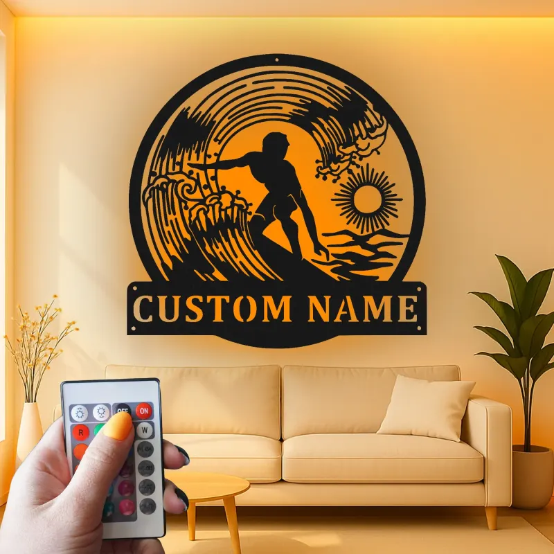 Personalized Surfer Light Metal Wall Art | Custom Name Sign for Beach House Decor | Coastal Surfing Gift