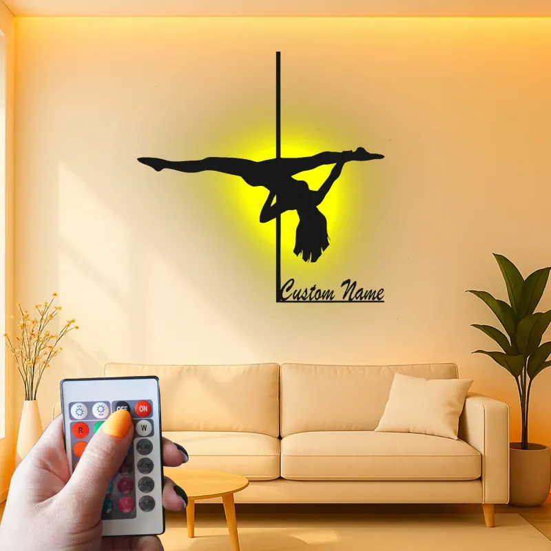 Custom Pole Dance Metal Sign | LED Name Art for Studio Decor | Personalized Dancer Gift | Gymnastics Wall Silhouette