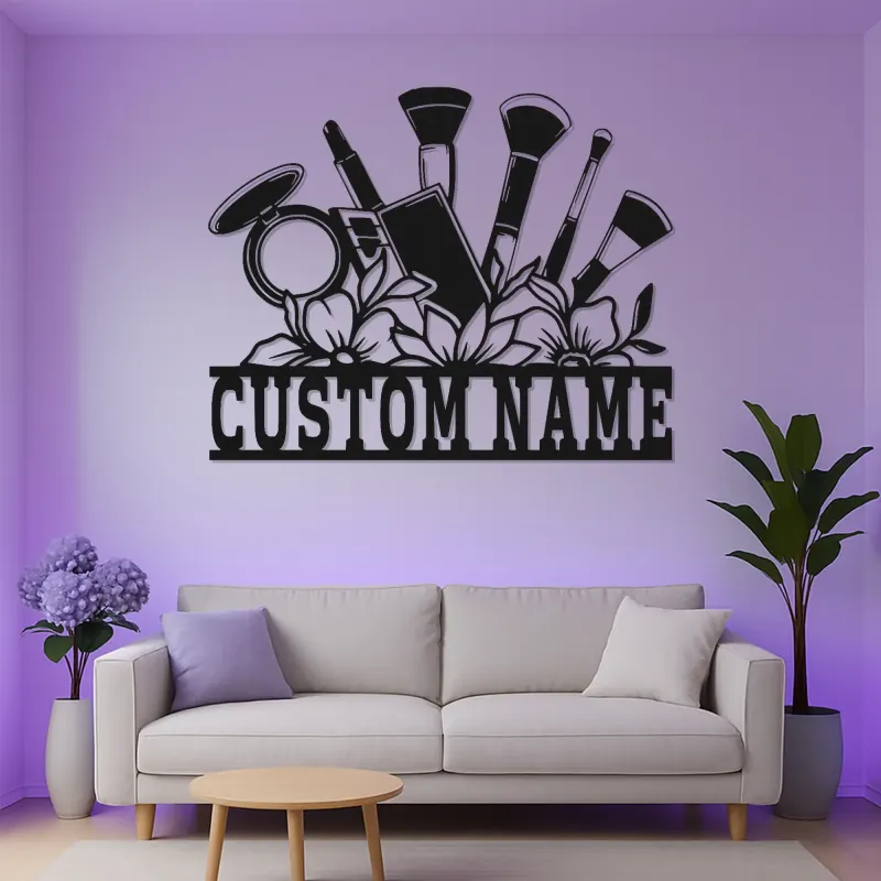 Panneau pour maquilleur personnalisé | Décoration murale en métal LED pour salon de beauté | Décor de vanité avec nom personnalisé | Panneau de logo d'entreprise MUA