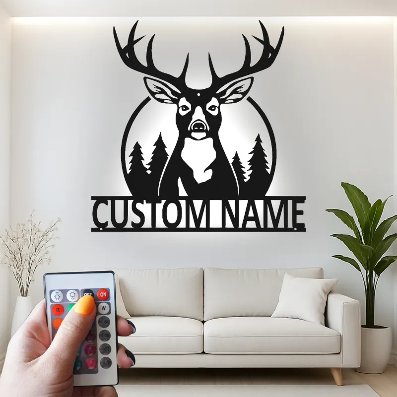 Décoration murale en métal personnalisée Silhouette de Cerf avec Rétroéclairage LED Cadeau Personnalisé pour Chasseurs Décor de Chalet Rustique