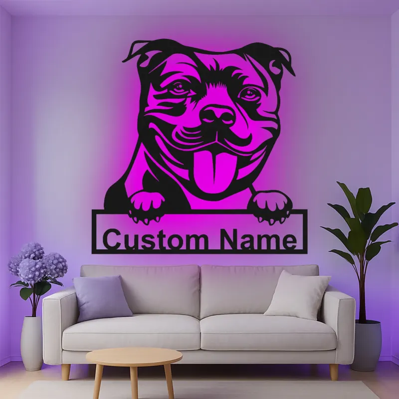 Décoration murale en métal LED personnalisée pour Pit Bull - Cadeau pour amoureux des chiens - Décor pour salon
