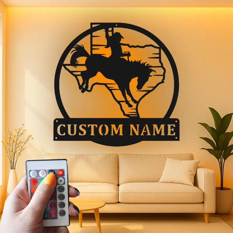 Panneau Métal Personnalisé Rodeo | Art Murale LED Cowboy du Texas | Décor Western Personnalisé pour Maison de Ranch ou Cadeau