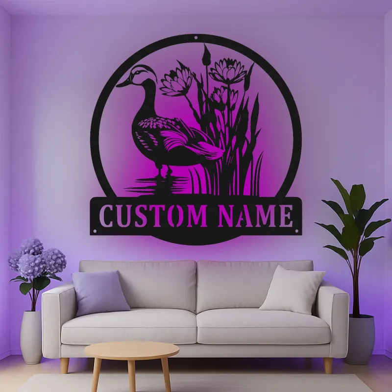 Insegna in metallo LED personalizzata con anatra e canne - Regalo natura, decorazione giardino o patio