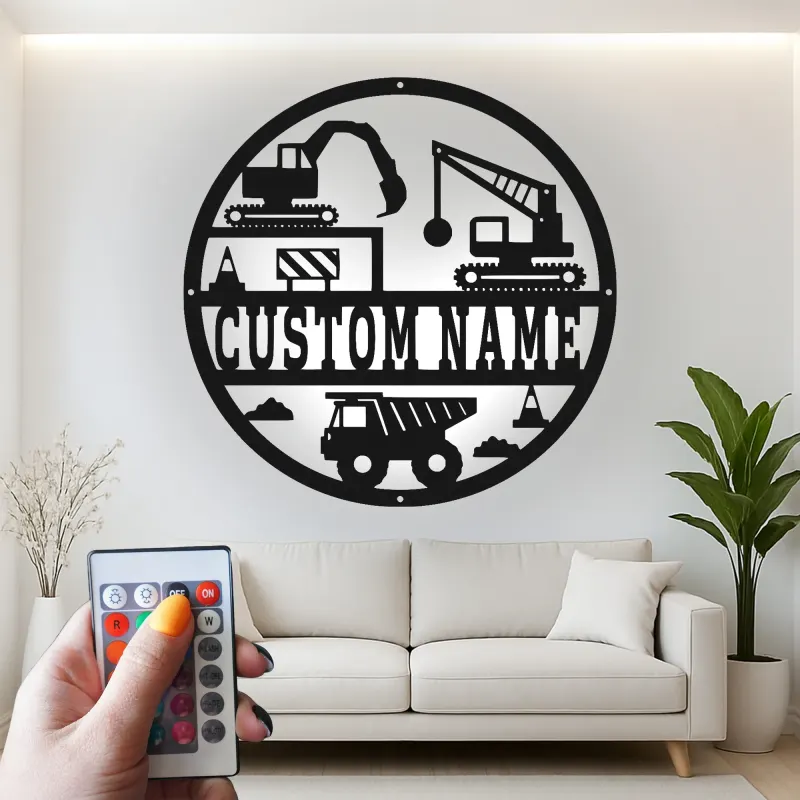 Custom Construction Site Led Light Metal Wall Art Personalized Gift for Kids Bedroom Decor for Little Builders
