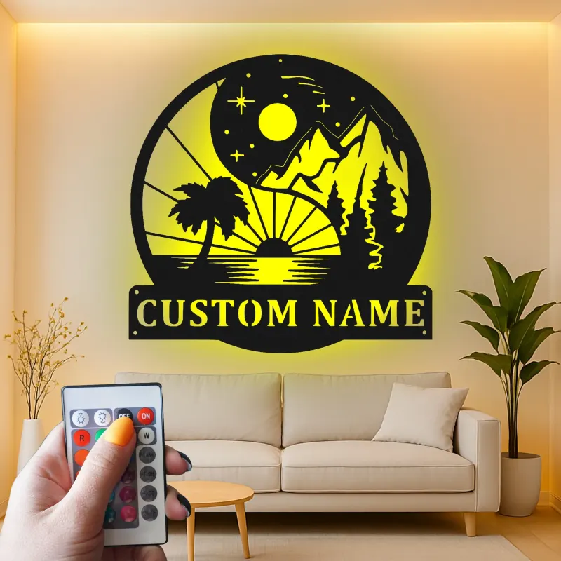 Personalized Yin Yang Metal Sign | LED Mountain Beach Art | Custom Name Decor for Home & Business