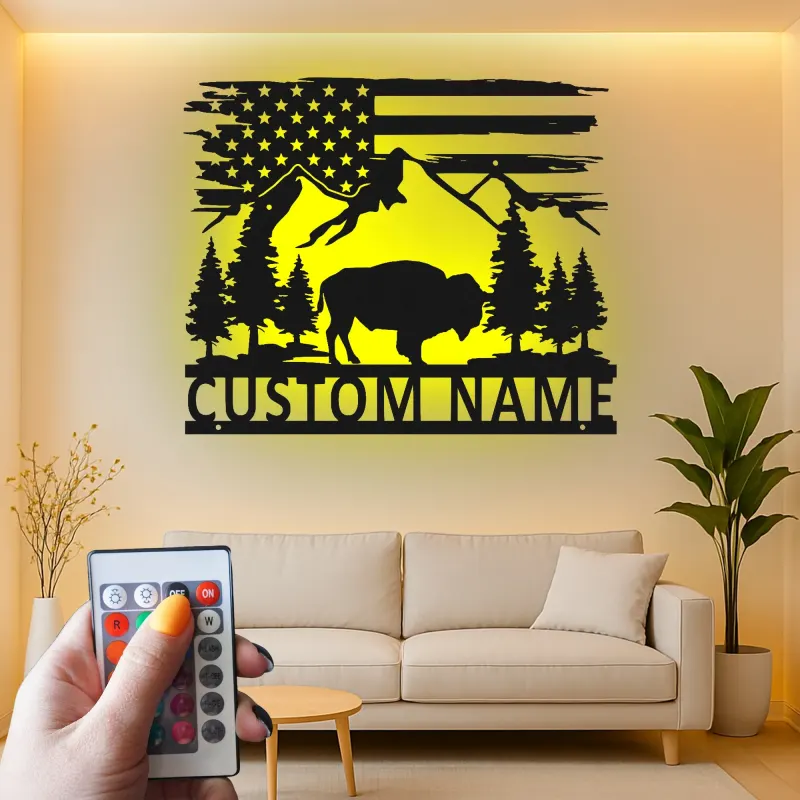 Custom Bison and Mountains Led Light Metal Wall Art Personalized Nature Lover Gift Rustic Cabin Decor