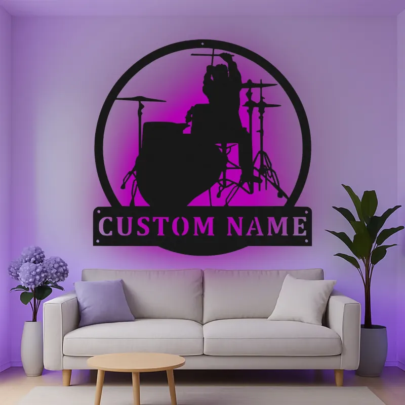 Insegna in metallo LED personalizzata con silhouette di batterista - Regalo per amanti della musica, decorazione per studio musicale o camera da letto