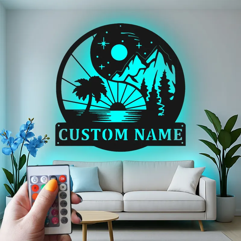 Personalized Yin Yang Metal Sign | LED Mountain Beach Art | Custom Name Decor for Home & Business