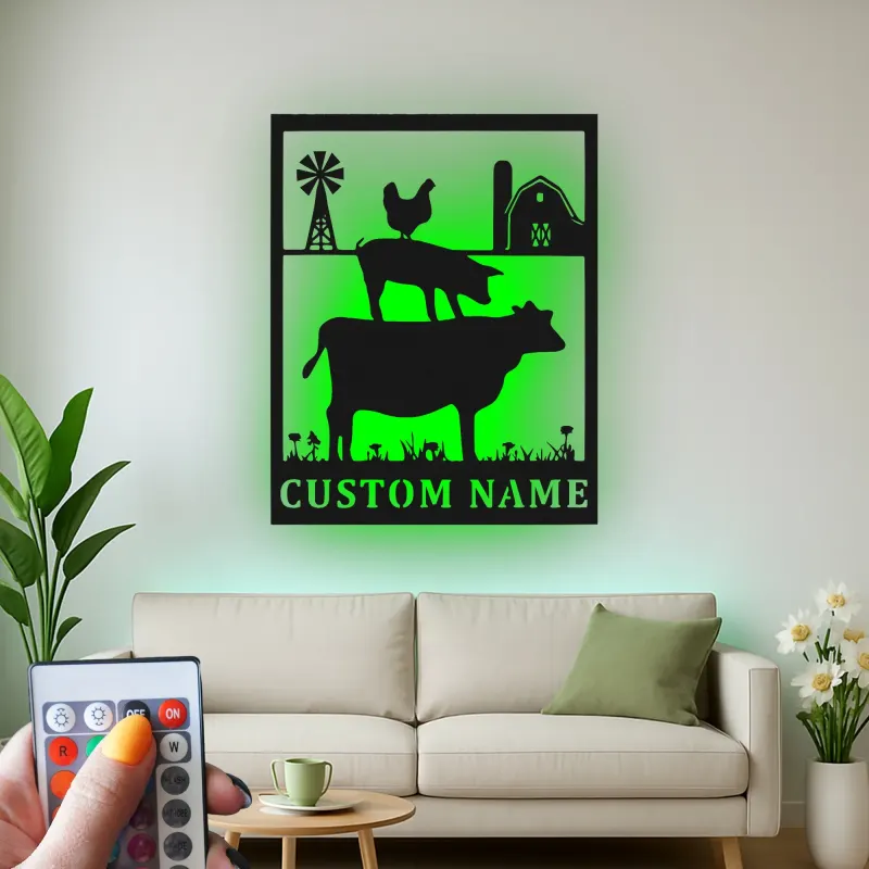 Cartel de metal LED personalizado con silueta de animales de granja, regalo de granja personalizado, decoración rústica de granero