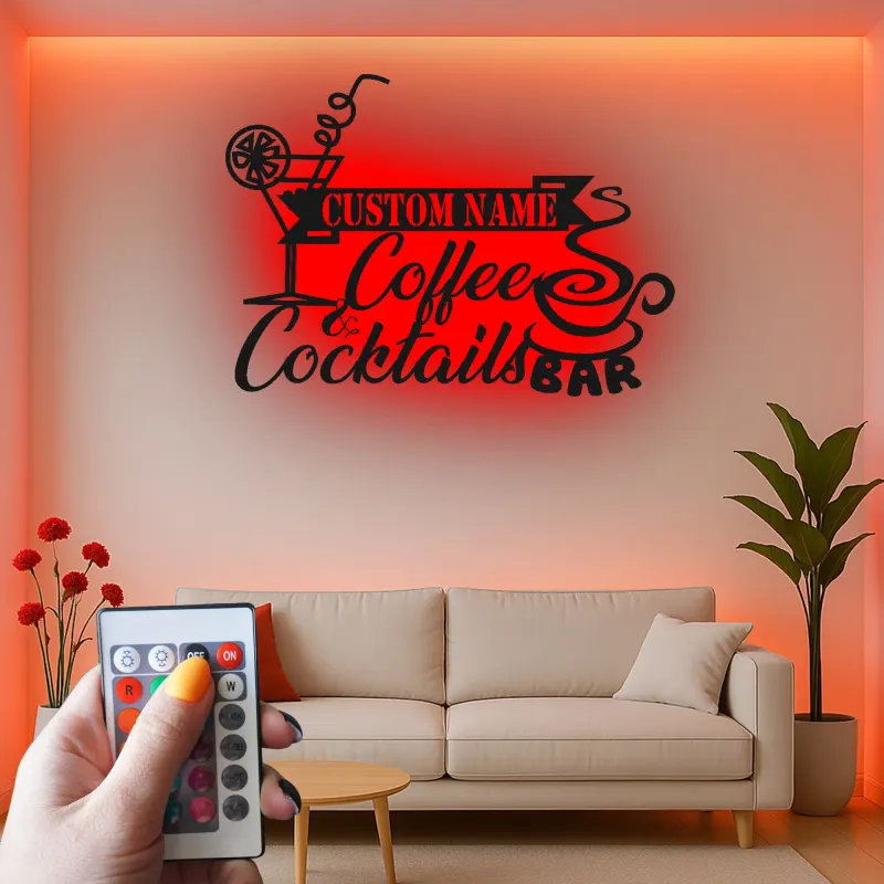 Décoration murale en métal LED personnalisée Café & Cocktails - Cadeau pour bar à domicile, cuisine ou salon