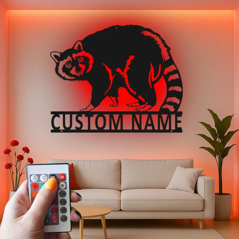 Enseigne raton laveur LED personnalisée | Décoration murale en métal faune sauvage | Plaque prénom forêt personnalisée | Cadeau animal lumineux pour amoureux de la nature