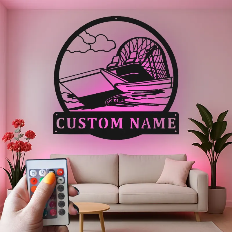 Décoration murale en métal LED personnalisée en forme d'airboat - Cadeau pour les passionnés de navigation - Décor nautique pour man cave