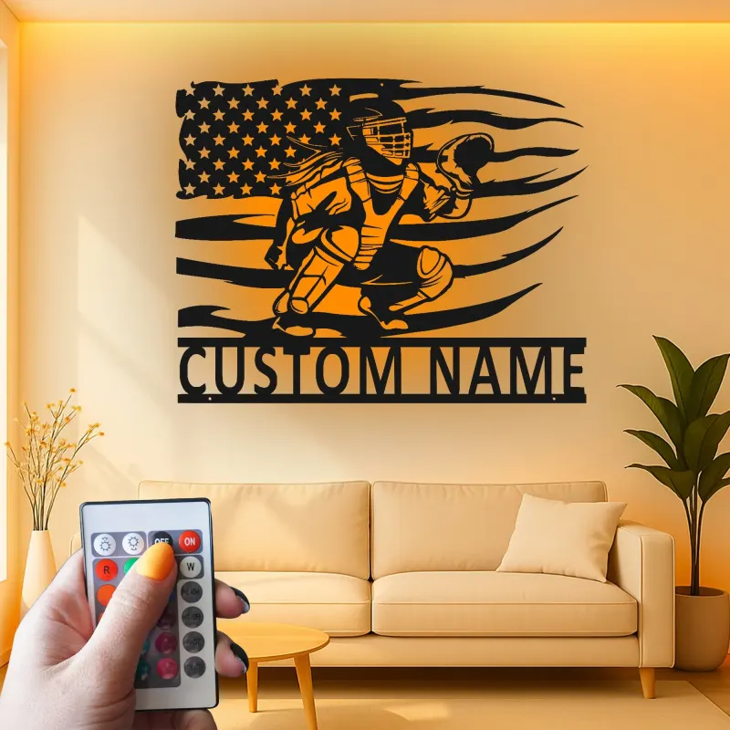 Insegna in metallo personalizzata con luce LED per catcher di baseball - Regalo personalizzato per appassionati di baseball e decorazione per stanze sportive 1