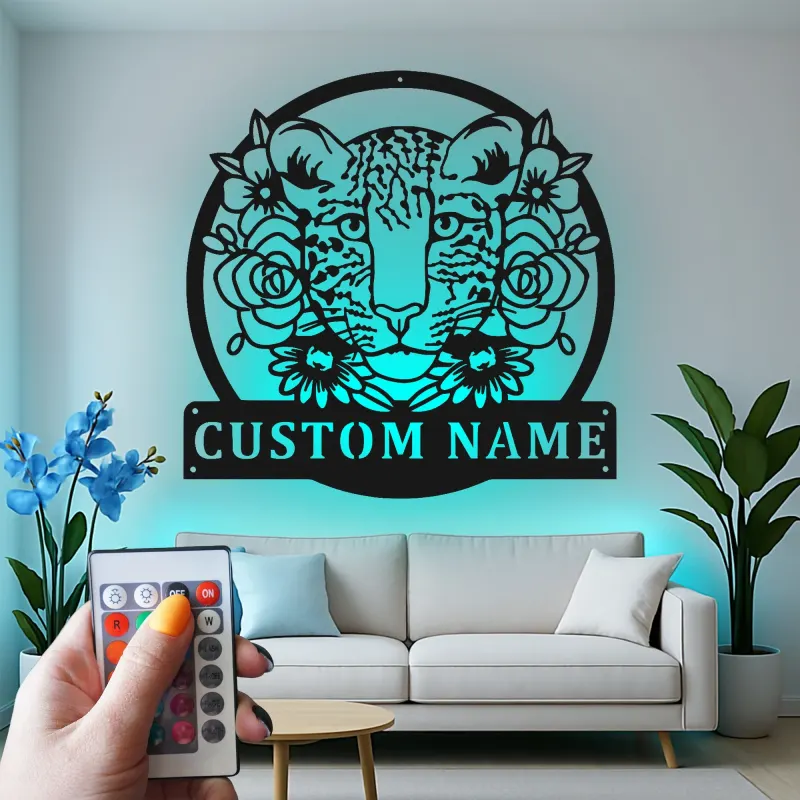 Personalisierte Tigerkopf LED-Leuchte | Florale Metall-Wandkunst | Dschungel-Kinderzimmer Dekoration | Individuelles Geschenk für Tierliebhaber