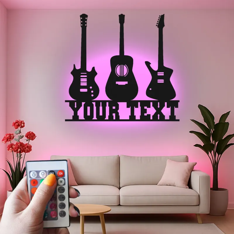 Insegna LED personalizzata a forma di chitarra | Decorazione murale in metallo personalizzata per sala musica | Regalo per musicisti | Arredo da parete per chitarristi