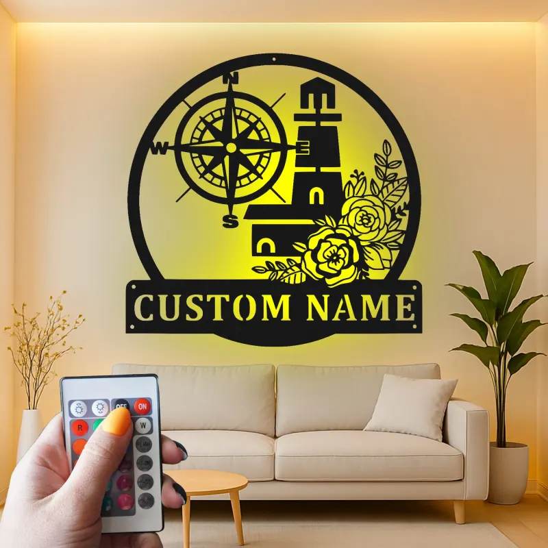 Cartel náutico de faro y brújula | Decoración mural de metal personalizada con LED | Decoración costera personalizada para casa de playa