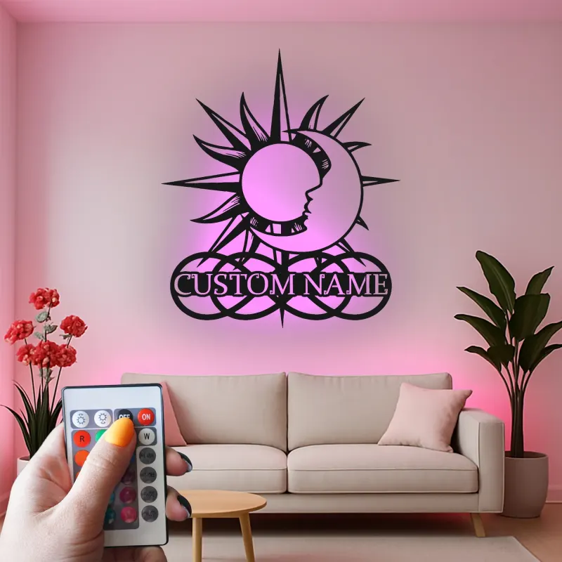 Art mural en métal céleste personnalisé | Panneau LED soleil et lune | Décor boho personnalisé | Lumière de chambre mystique