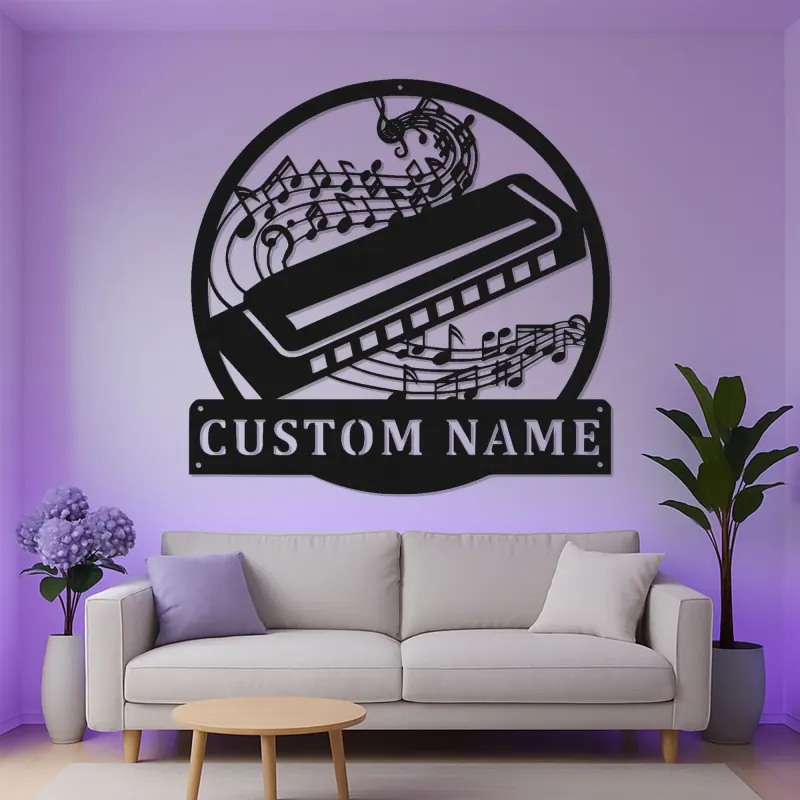 Enseigne harmonica personnalisée en métal | Décoration murale musicale LED pour studio | Plaque musicien personnalisée avec notes de musique