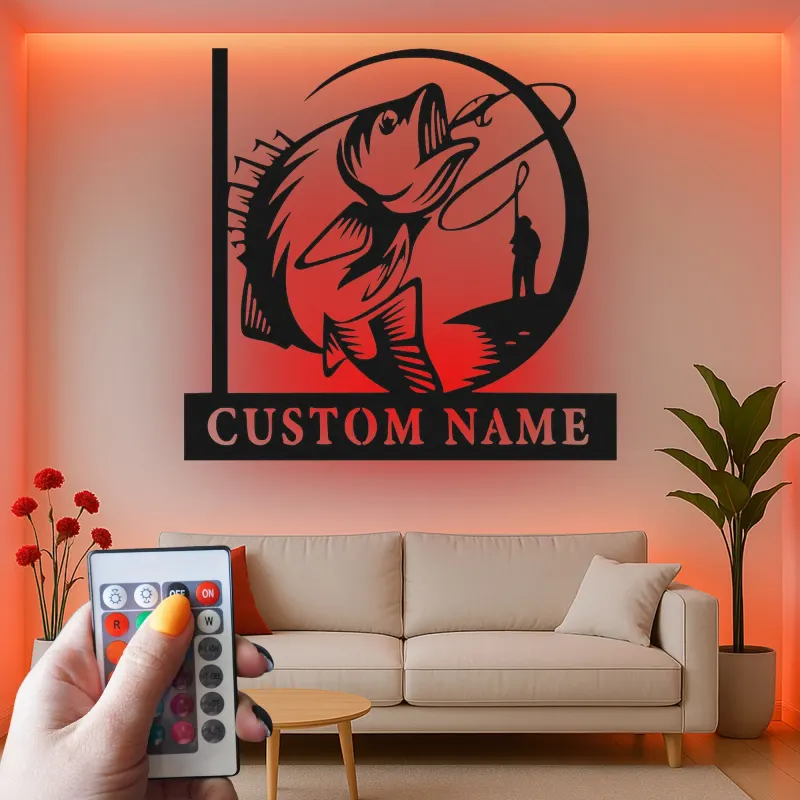Enseigne de pêche personnalisée avec LED | Décoration murale en métal personnalisée pour pêcheurs | Cadeau décoratif pour maison de lac et chalet