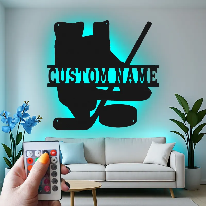 Cartel LED de hockey personalizado | Decoración mural de metal a medida para habitación de jugador | Regalo para aficionado al hockey sobre hielo | Decoración para cueva del hombre