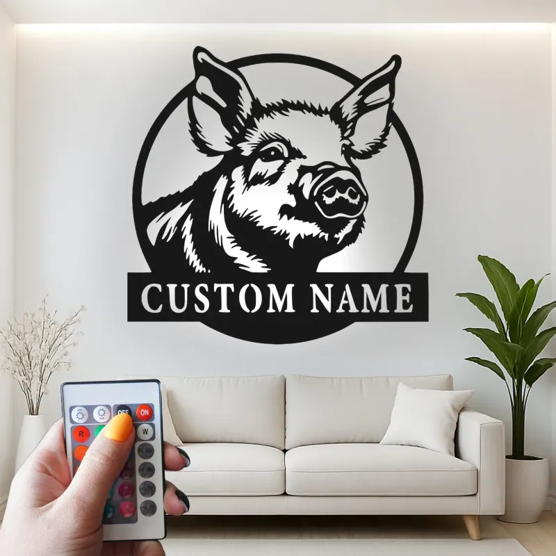 Cartel de metal personalizado de cerdo | Decoración de cocina de granja con LED | Arte mural rústico personalizado para regalo de granja o hogar