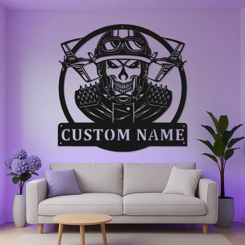 Custom Skull Fighter Pilot Metal Sign | Personalized LED Aviation Wall Art | Military Man Cave Decor | Gift for Him