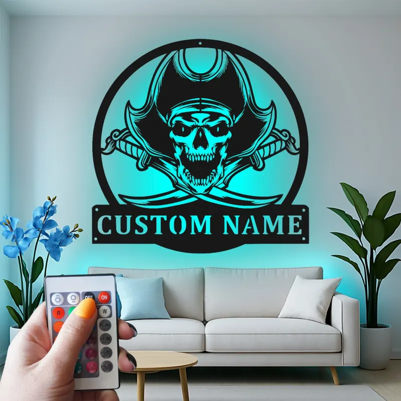 Panneau LED Crâne de Pirate | Art Mural Métallique Personnalisé | Décor Squelette Nautique Personnalisé pour Salle de Jeu & Bar