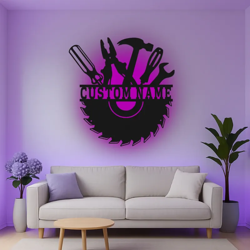 Cartel de metal personalizado con luz LED de juego de herramientas regalo para el manitas decoración de garaje o taller 1