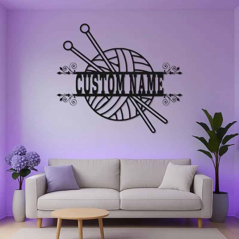 Cartel personalizado con nombre para tejedora | Arte mural LED de metal para salas de manualidades | Decoración personalizada de lana y agujas