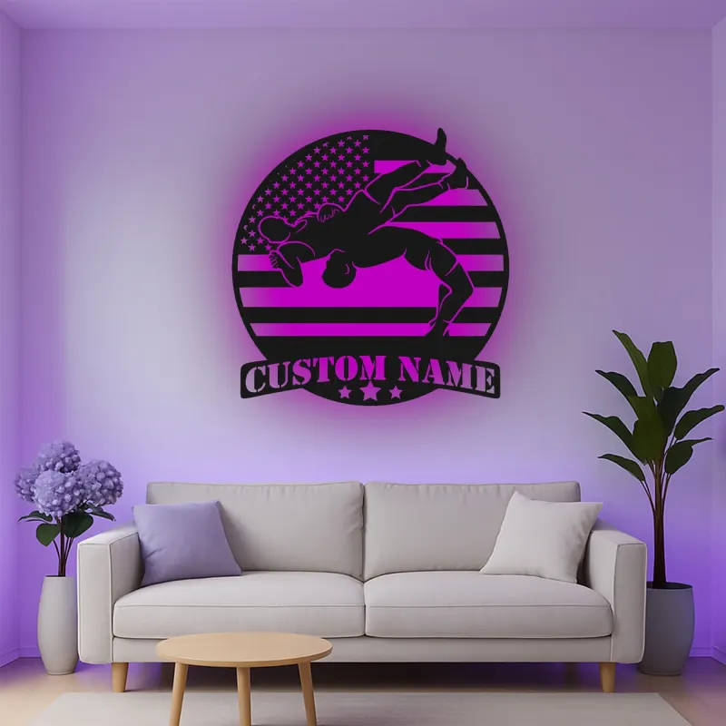 Décoration murale en métal personnalisée avec éclairage LED pour la lutte - Cadeau personnalisé pour lutteurs