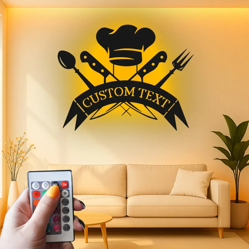 Décoration murale en métal personnalisée Chapeau de Chef et Ustensiles avec rétroéclairage LED
