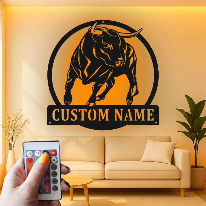 Décoration murale en métal personnalisée avec éclairage LED de taureau - Cadeau pour éleveurs - Décor de ferme rustique