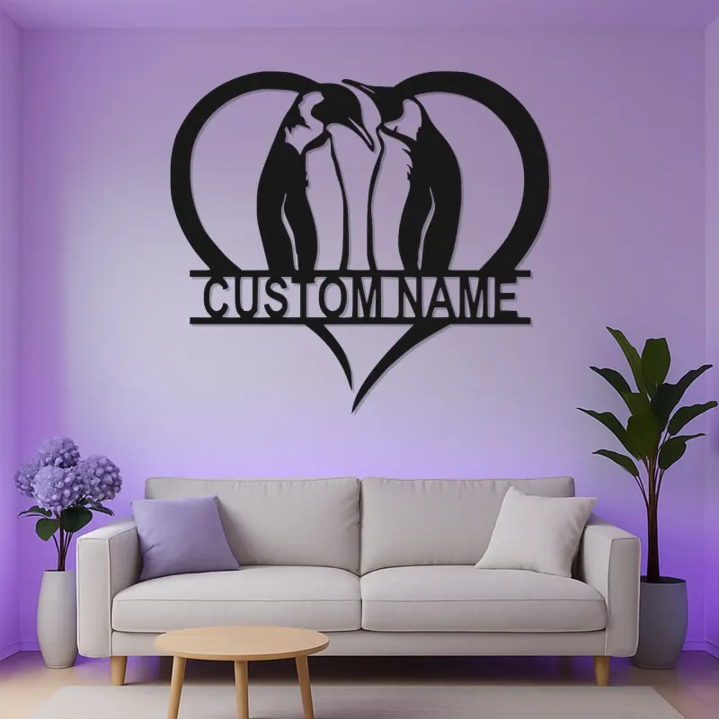 Arte Murale in Metallo Personalizzata con Pinguino e LED | Regalo di Anniversario per Coppia | Insegna Silhouette a Cuore per Amanti dei Pinguini