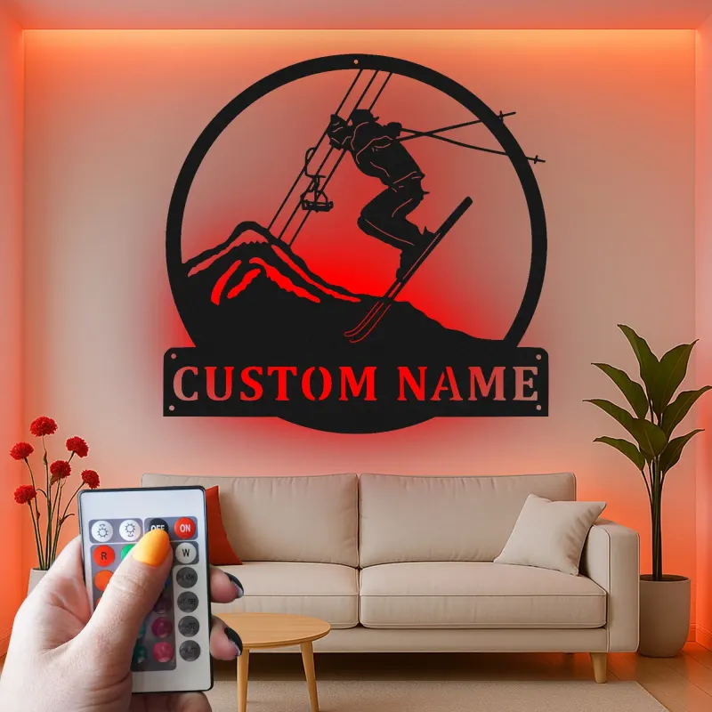 Custom Alpine Skier Metal Wall Art | LED Mountain Cabin Decor | Personalized Ski Lover Gift | Illuminated Silhouette Sign