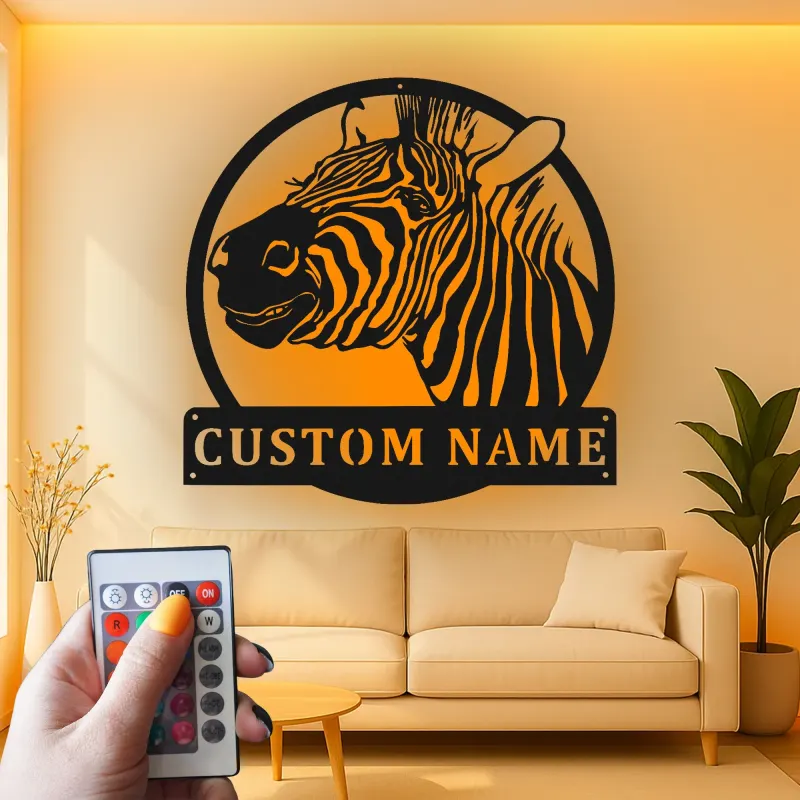 Cartel de metal LED personalizado de cebra, regalo de safari, decoración para salón para amantes de los animales