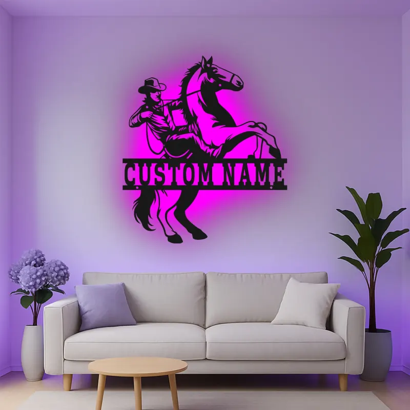 Insegna in metallo LED personalizzata con cowboy e cavallo - Regalo western per ranch o decorazione per man cave