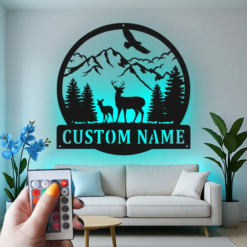Personalisiertes LED-Metallschild für Berg-Reh-Szenen – Einzigartiges Geschenk für Naturfreunde, Dekoration für Berghütte oder Lodge