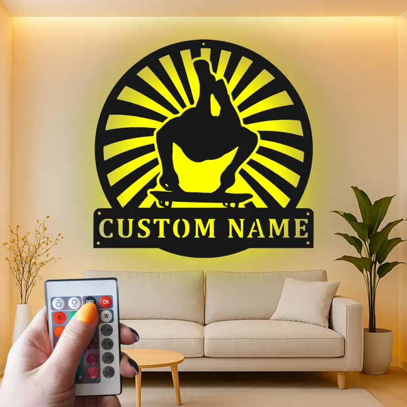 Personalized Skateboarder LED Sign | Custom Metal Wall Art for Teen Room | Backlit Skater Name Plaque & Extreme Sports Gift Idea